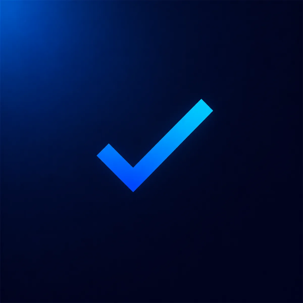 Neon purple and blue gradient checkmark icon centered on a dark background with soft glowing light in the upper left corner.