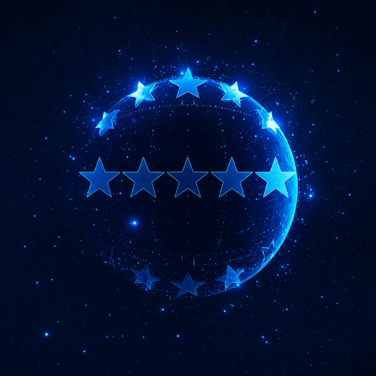 Digital sphere surrounded by glowing purple stars forming a semi-circle above and below, floating in a starry cosmic background.