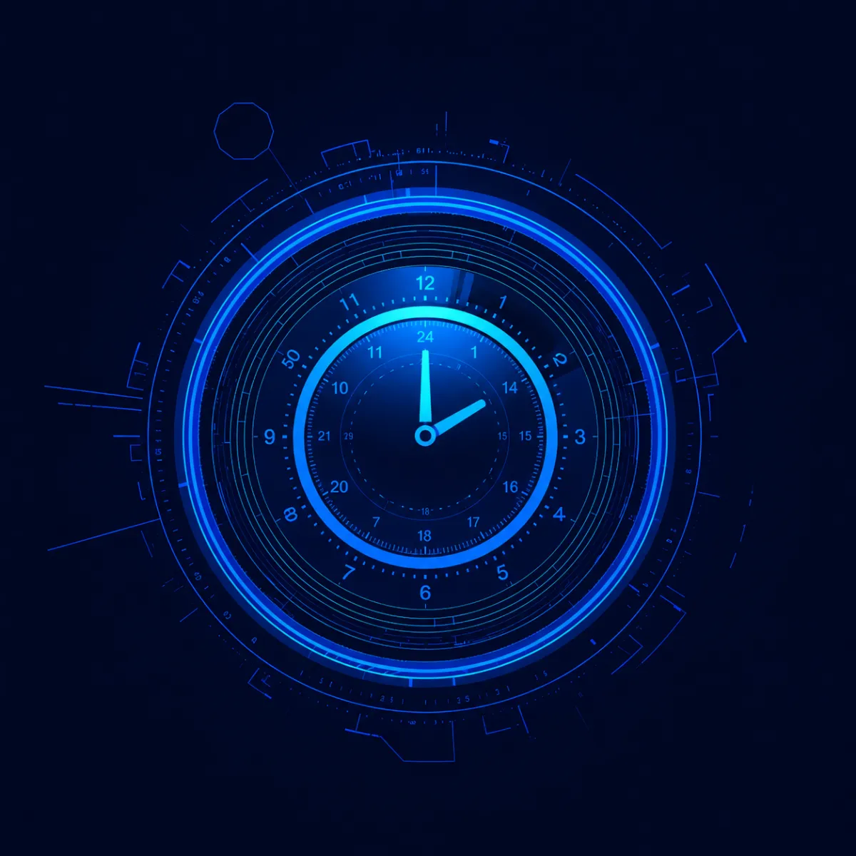 Futuristic neon clock interface glowing in purple and blue tones, with circular digital elements layered around a central analog clock face.