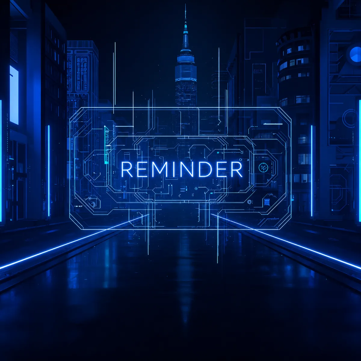 Cyberpunk-style cityscape with a glowing neon interface displaying the word 'REMINDER' in bright purple at the center.