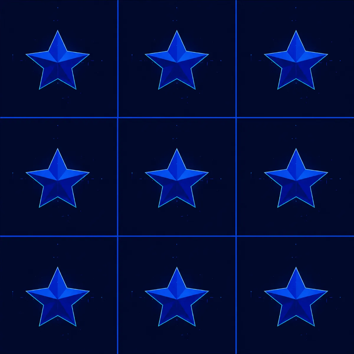 Grid layout of purple neon five-pointed stars on a dark background, arranged in three rows and three columns