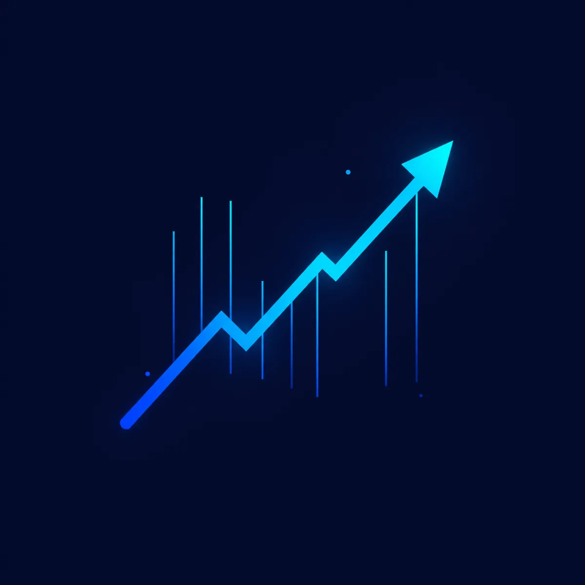Neon-style upward trending line graph in blue and purple tones on a dark background, representing growth or increasing performance.