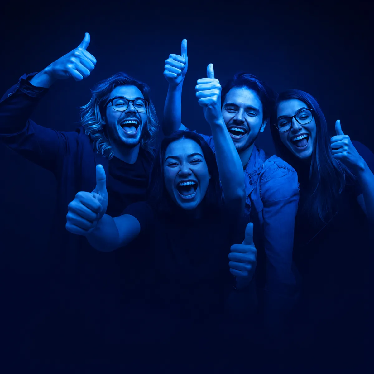 Group of four young adults smiling and giving enthusiastic thumbs-up gestures, illuminated with purple and pink neon lighting.