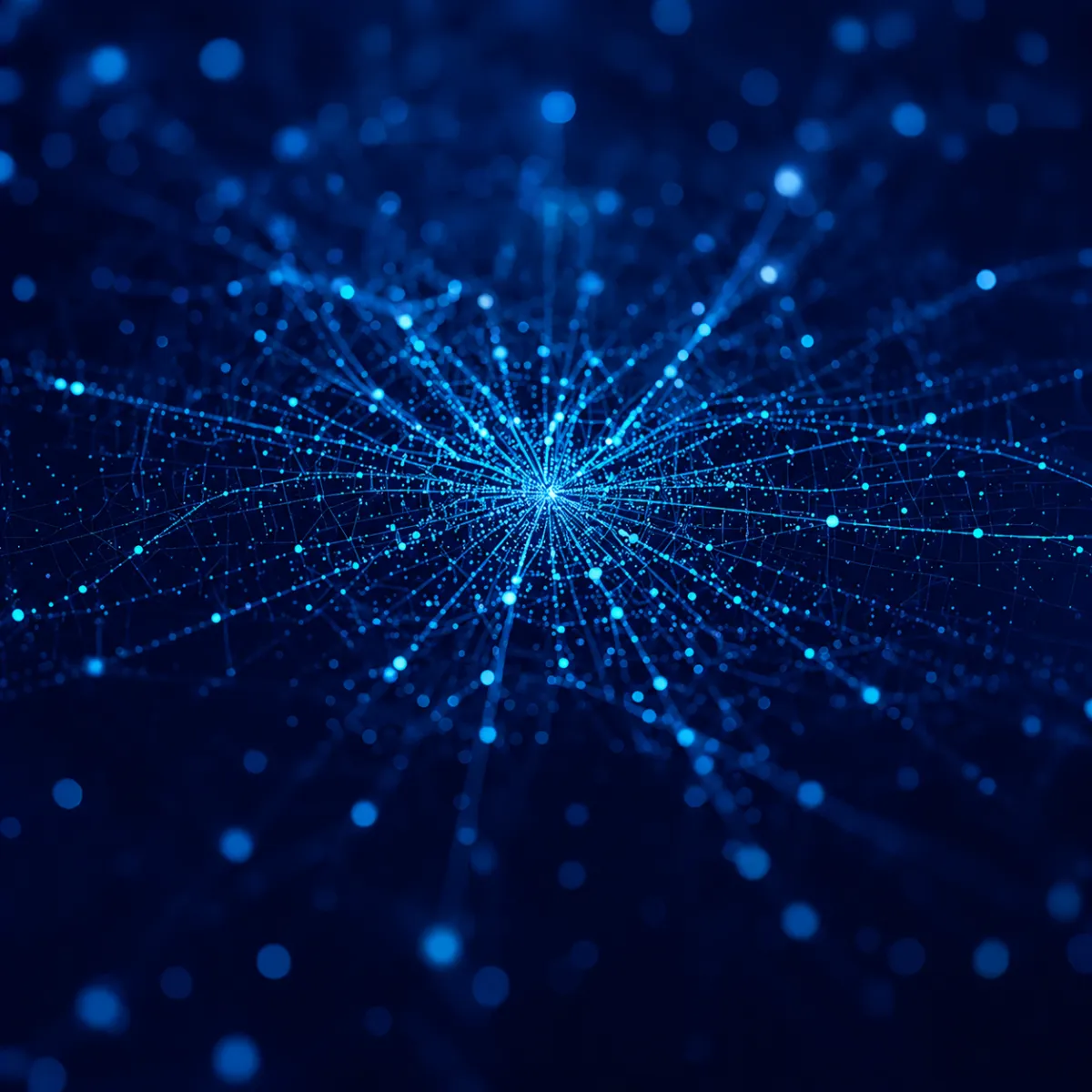 Radiating network of interconnected purple nodes and lines on a dark background, resembling a digital data explosion or neural network.