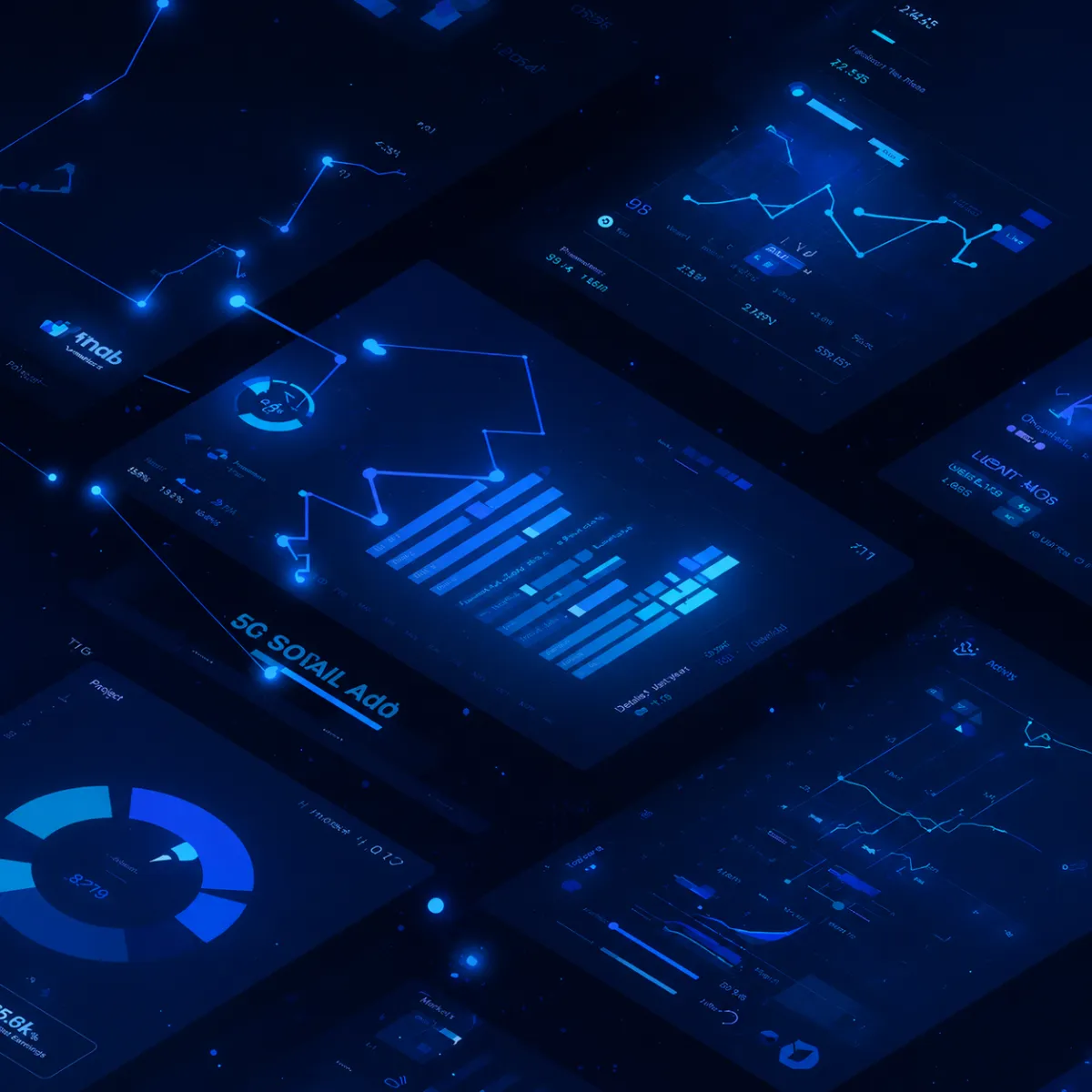 Futuristic digital analytics dashboards displayed in purple and blue neon tones, featuring graphs, charts, and data visualizations on a dark interface.