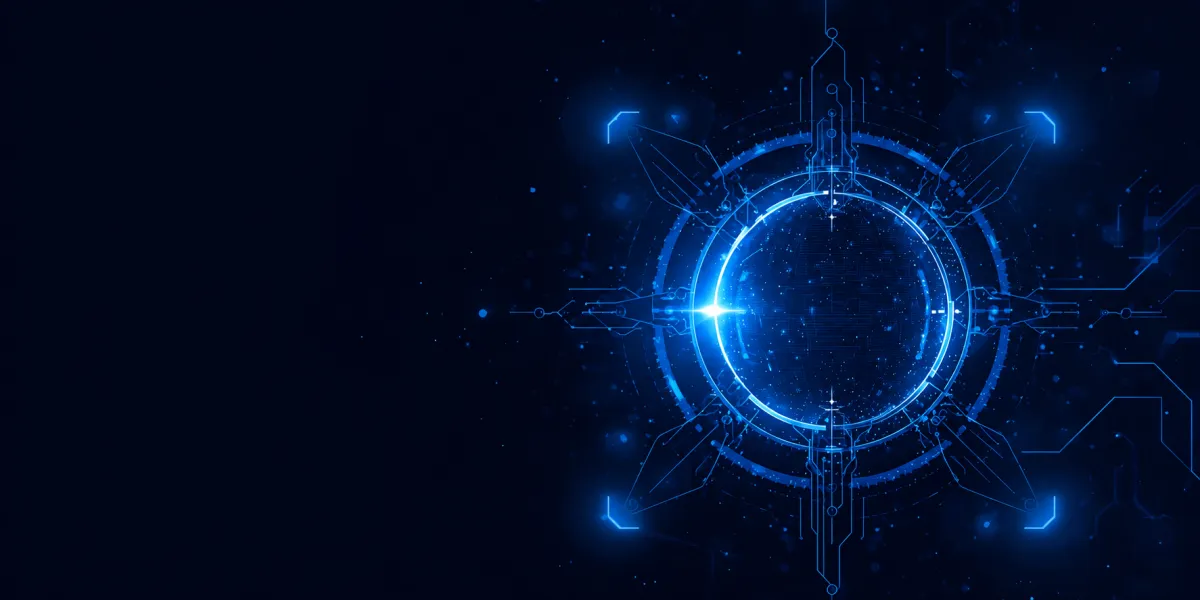 A glowing futuristic circular interface in bright purple tones sits on the right side of a dark background, with geometric circuitry and light particles radiating outward.