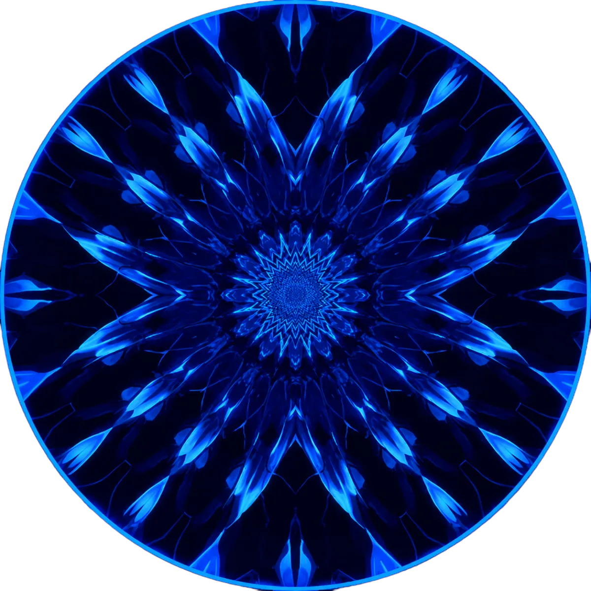 A circular abstract mandala made of layered purple and blue geometric shapes forming a radiant, symmetrical pattern.