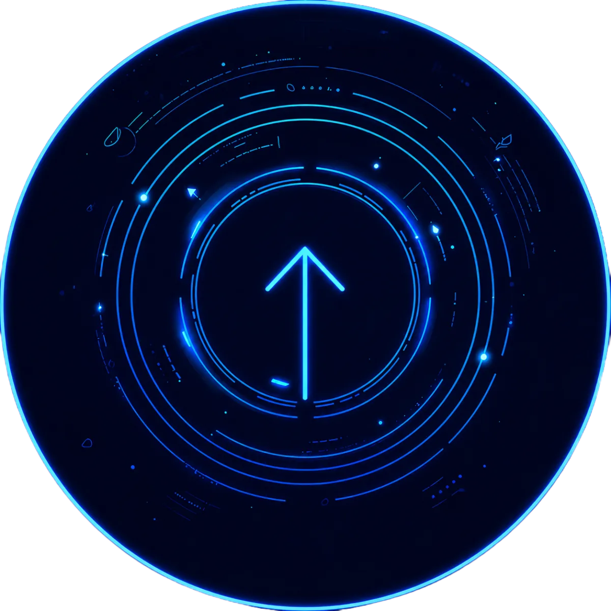 A neon purple upward-pointing arrow centered within concentric digital rings and futuristic interface elements on a dark background.