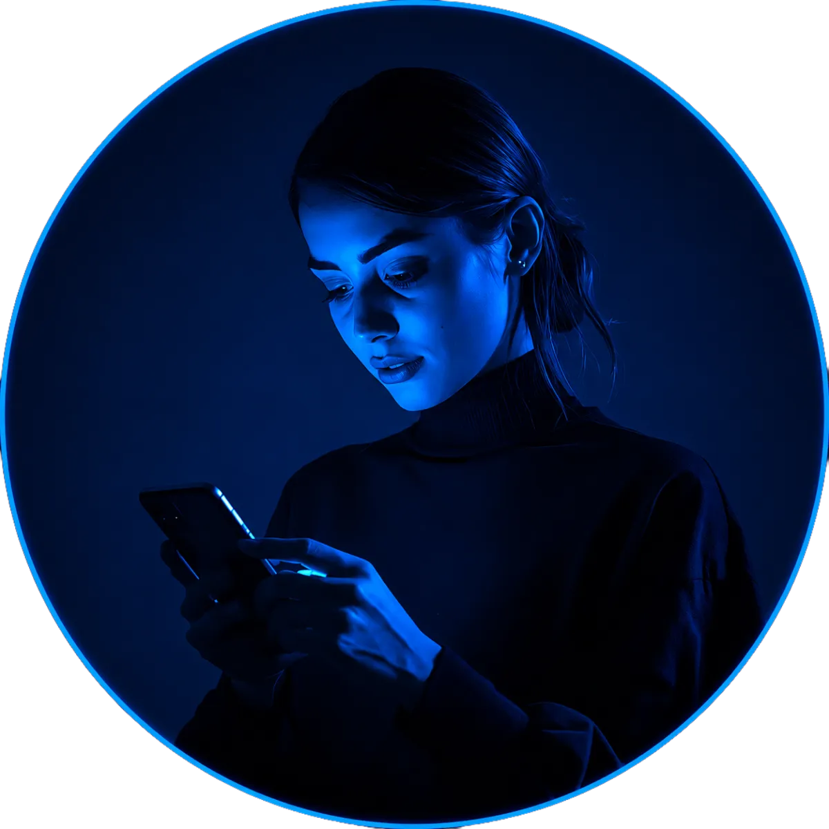 A woman looking down at her smartphone, illuminated by blue and purple neon lighting in a dark environment.