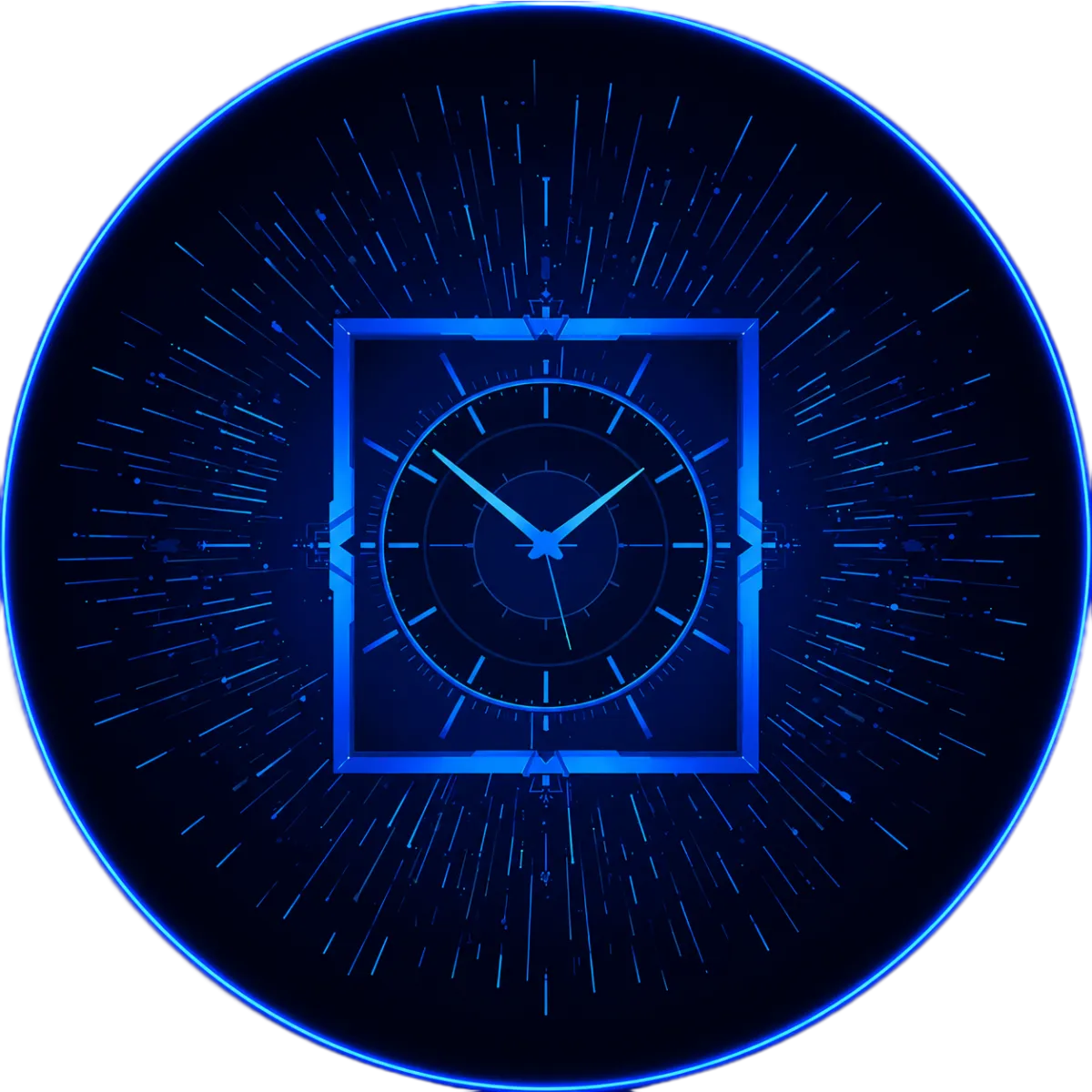 A glowing digital clock design with a square outer frame and circular inner rings, rendered in bright purple tones on a dark background with radial motion lines.