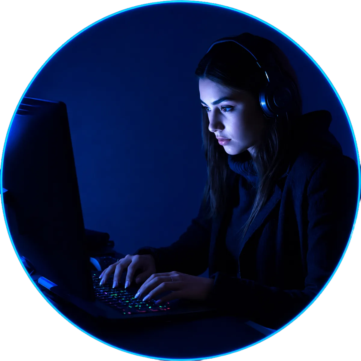 A woman wearing headphones works intently on a laptop in a dark room, illuminated by deep purple and blue lighting.