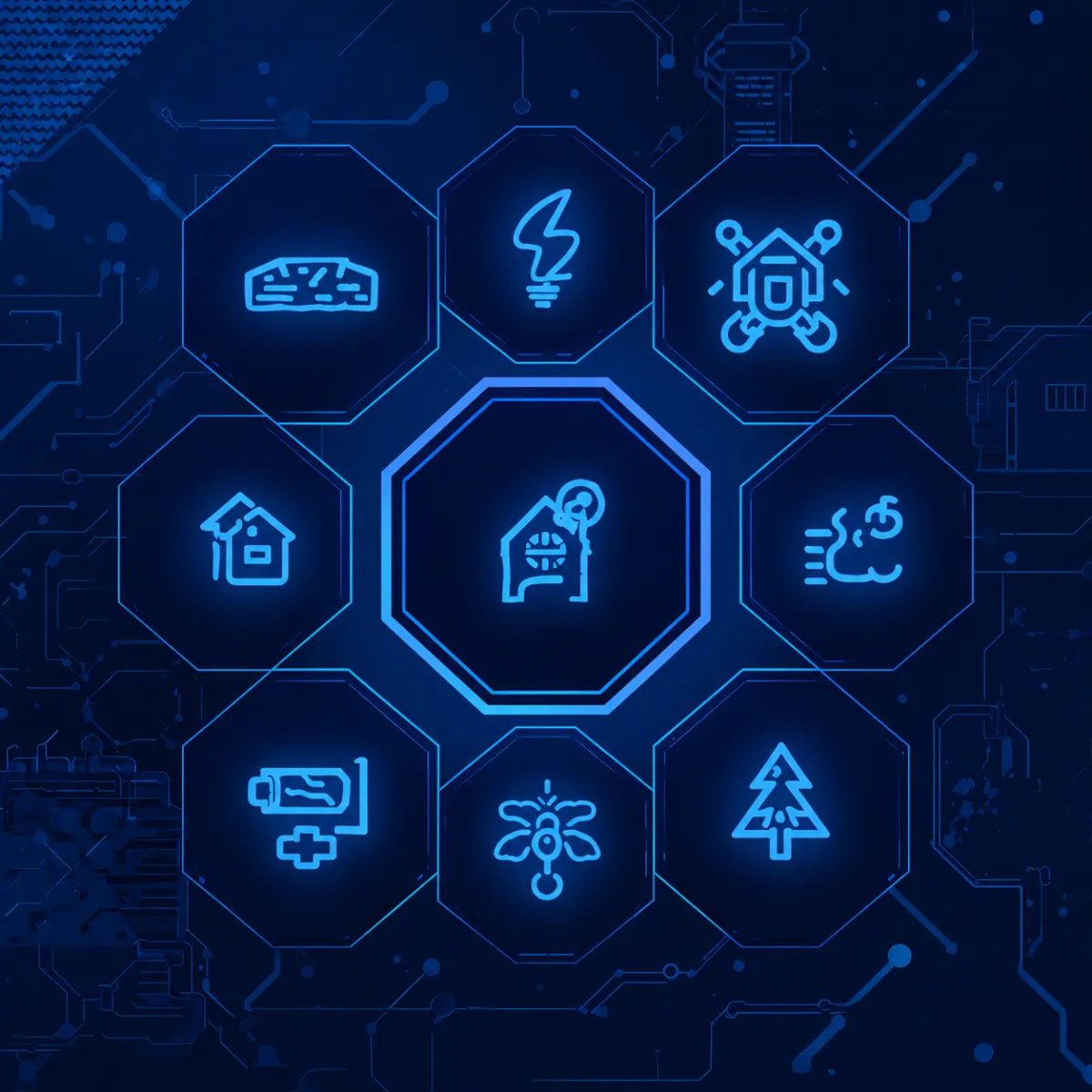 Neon blue smart-home icon set arranged in a circular layout on a purple tech-themed background, featuring symbols for security, energy, automation, health monitoring, environment, and home management.