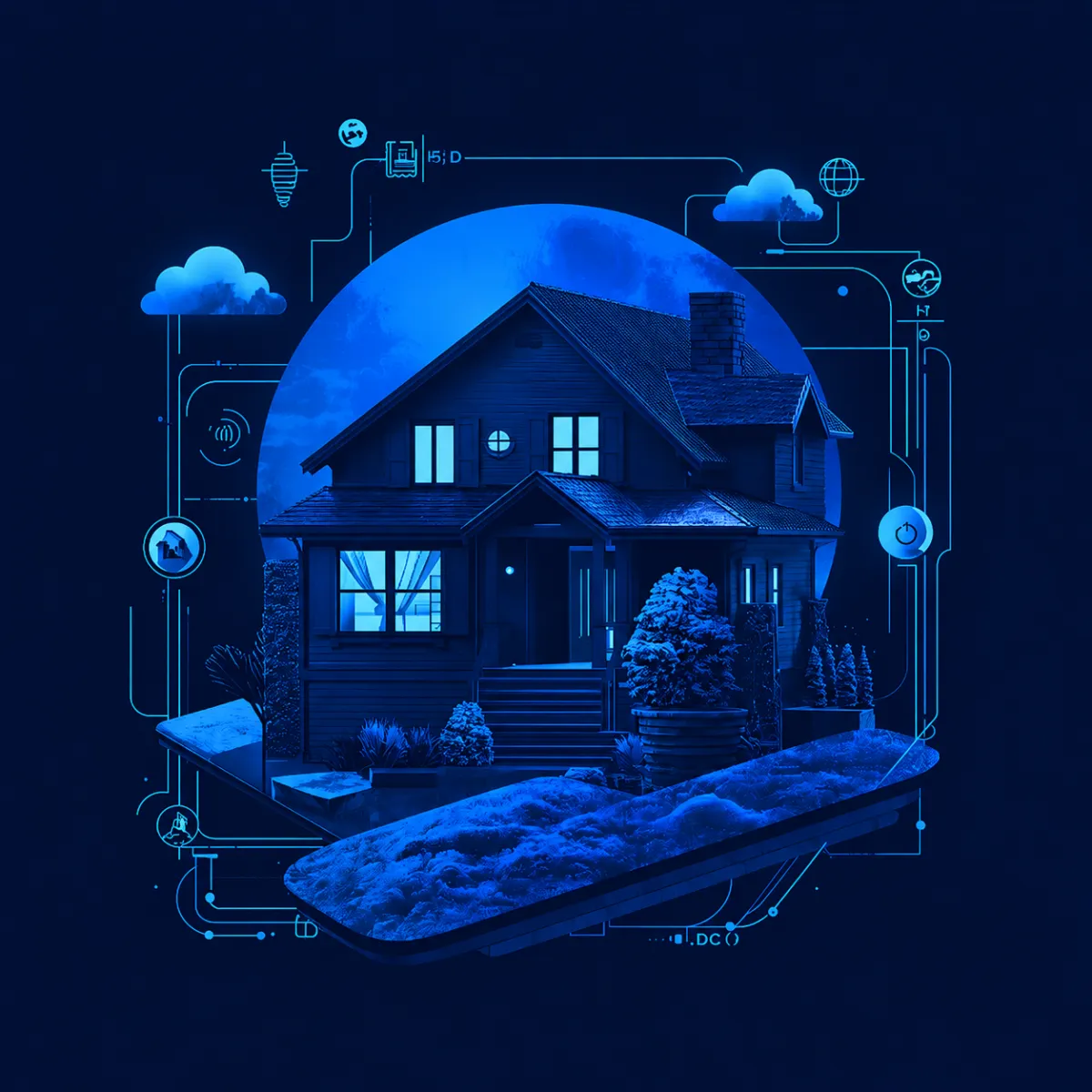 Neon purple and blue illustration of a modern smart home surrounded by floating digital interface icons and circuitry, symbolizing connected home technology and automation