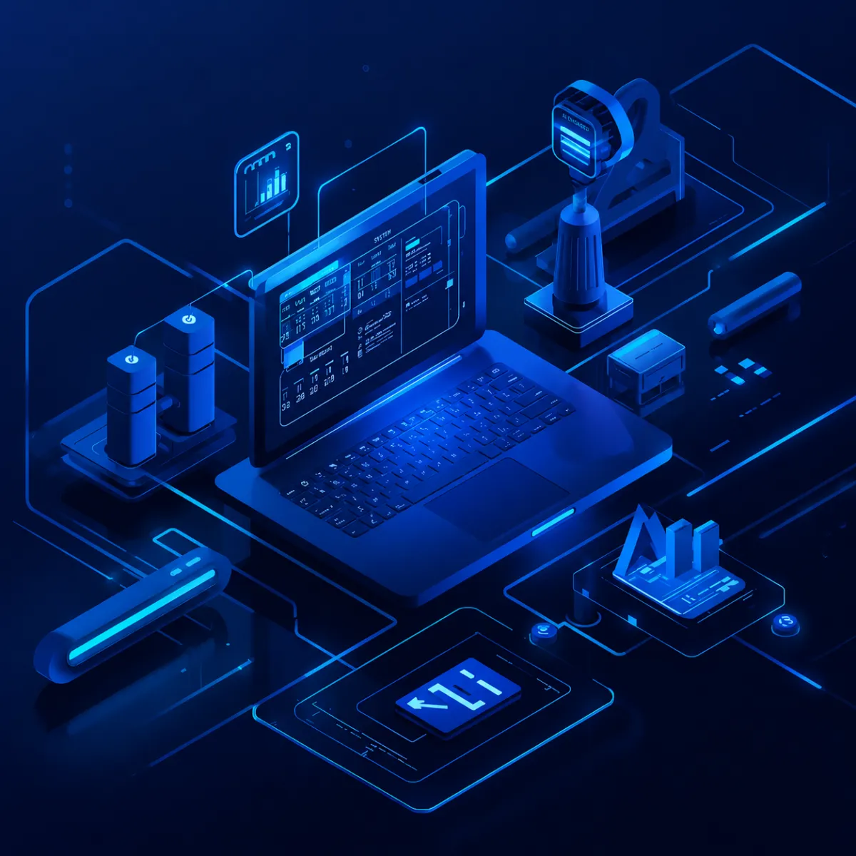 Futuristic digital illustration of a laptop surrounded by glowing holographic interface elements, charts, and tech devices in purple and blue tones, representing data analytics and advanced technology systems
