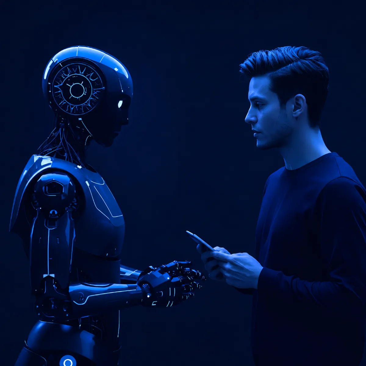 A young man holding a smartphone stands face-to-face with a humanoid robot, both lit by dramatic purple and blue lighting, suggesting a moment of communication or collaboration.