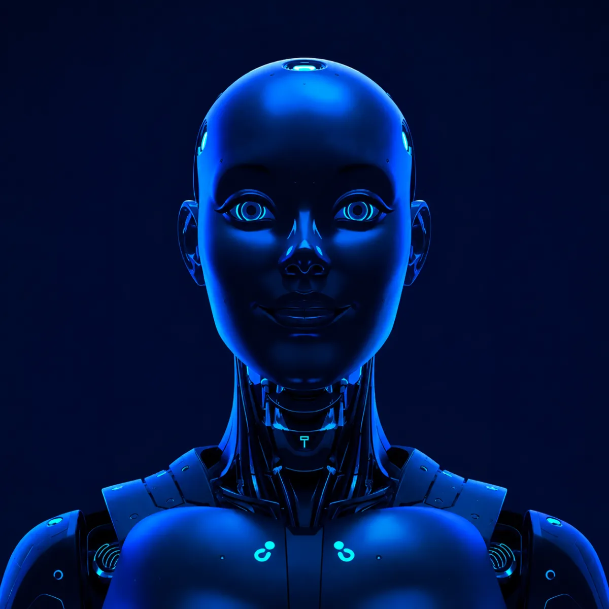 A futuristic humanoid robot with a smooth, glossy face illuminated by blue and purple neon light, looking directly forward against a dark background.