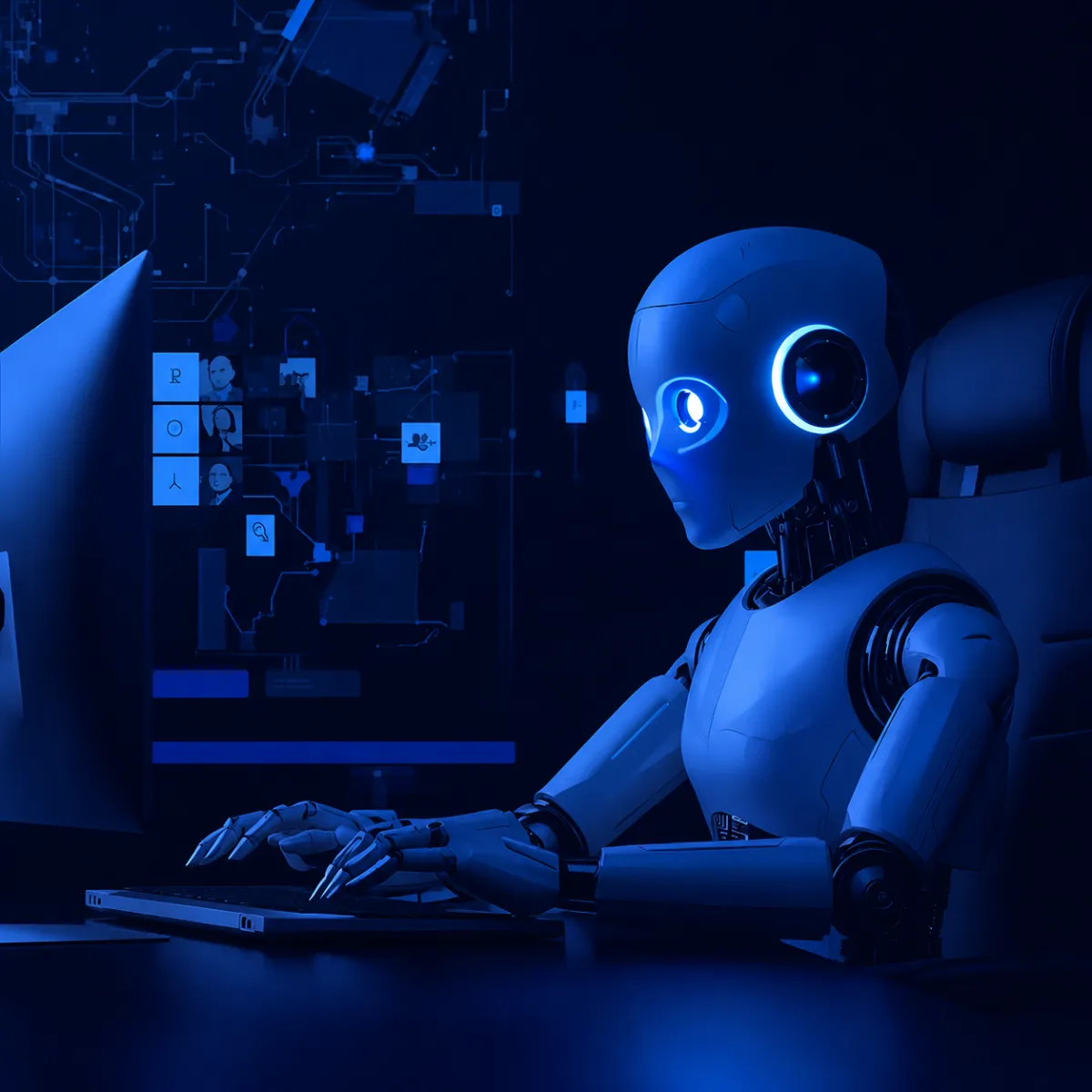 A glowing, neon-lit robot seated at a desk, typing on a keyboard while looking at a computer screen, surrounded by digital interface elements in purple and blue tones.