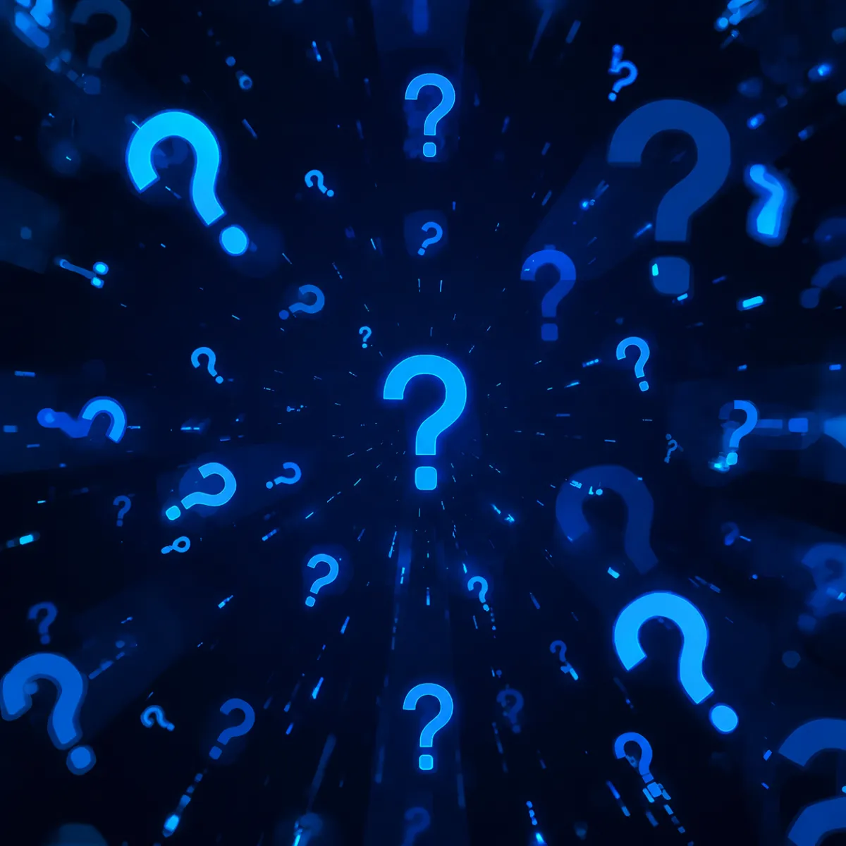 Neon purple question marks floating in a dark digital space, creating a sense of motion and depth.