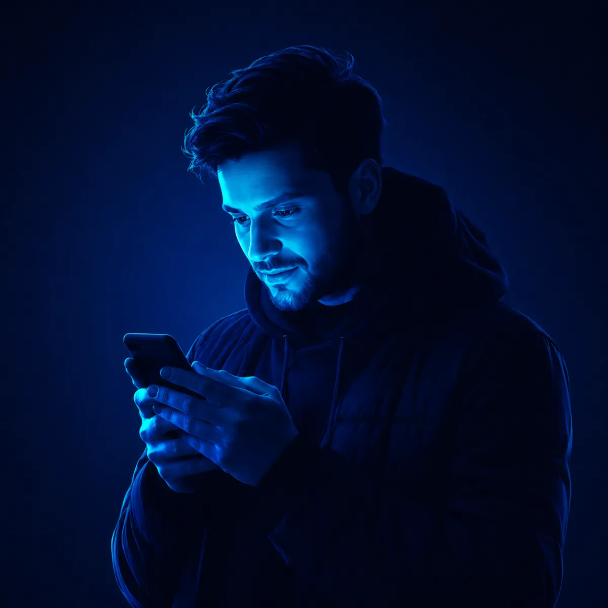 Digital illustration of a young man standing in a dark purple and blue environment, illuminated by the light of his smartphone as he looks down at the screen.