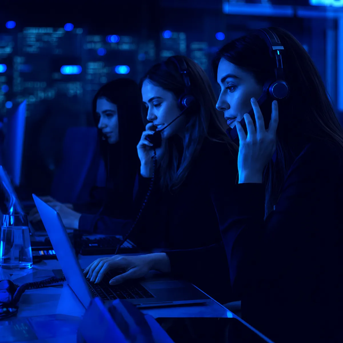 Three women wearing headsets working at computers in a dimly lit call center with purple ambient lighting.