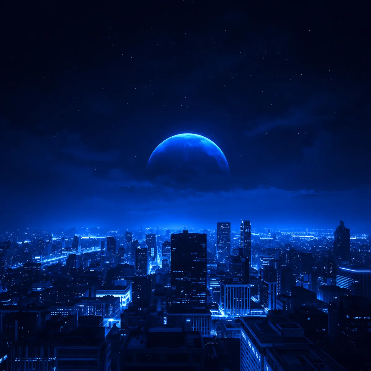 Futuristic cityscape at night bathed in purple lighting, with a large blue moon rising above the skyline and stars scattered across the sky.