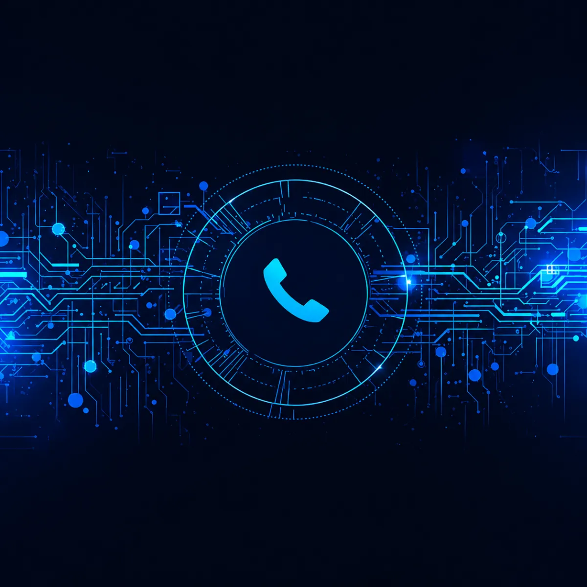 Futuristic graphic showing a glowing blue phone icon at the center of a circular digital interface with interconnected purple circuitry spreading outward.