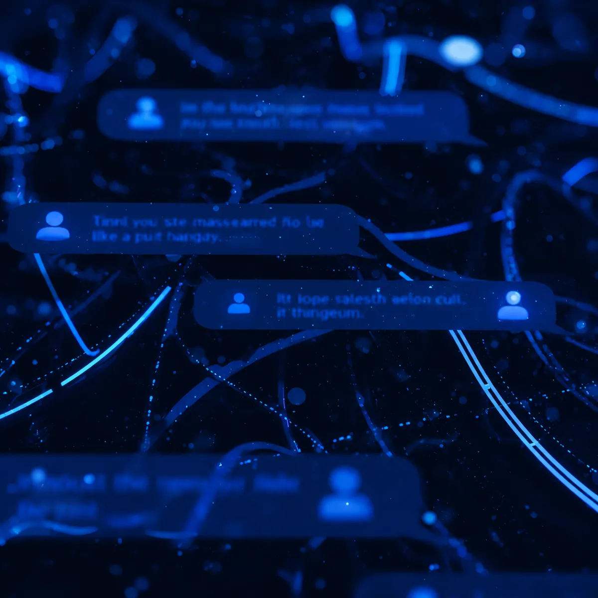 Abstract visualization of digital chat messages floating in a dark space with neon pink and purple network lines connecting them.