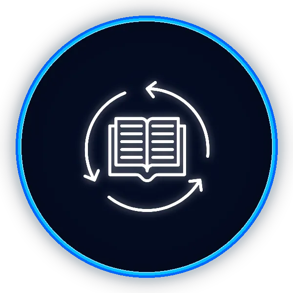 A purple circle with an icon in the middle that shows a book with arrows pointing around it