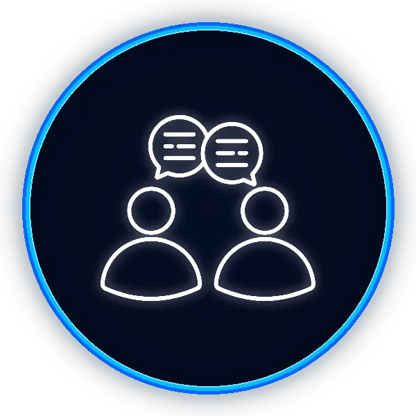 A purple circle with an icon in the middle that shows the symbols of two people speaking to each other