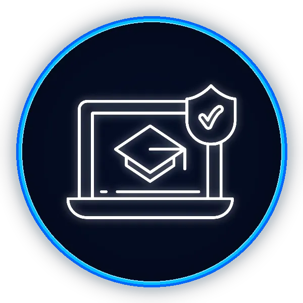 A purple circle with an icon in the middle that shows a laptop with a graduation cap and a checkmark in the middle