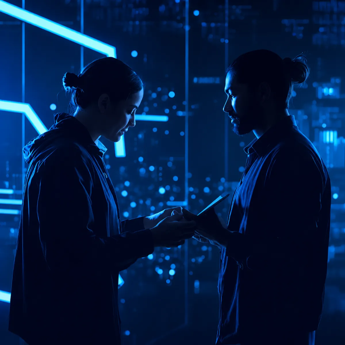 Two people facing each other in a dim, neon-lit environment, holding and examining a digital tablet together, with abstract technology patterns glowing behind them.