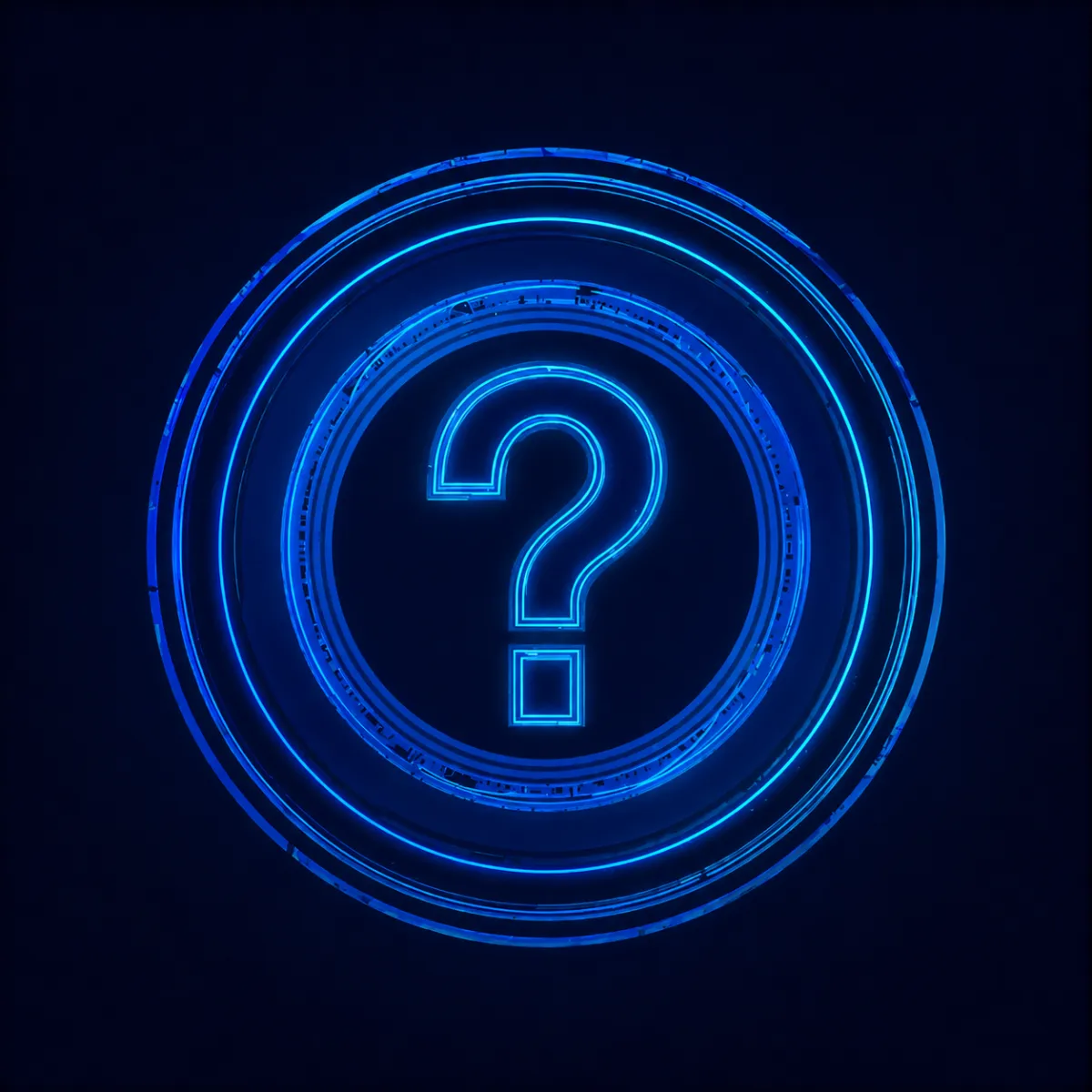A neon purple question mark centered within multiple concentric circular rings on a dark techno-style background.