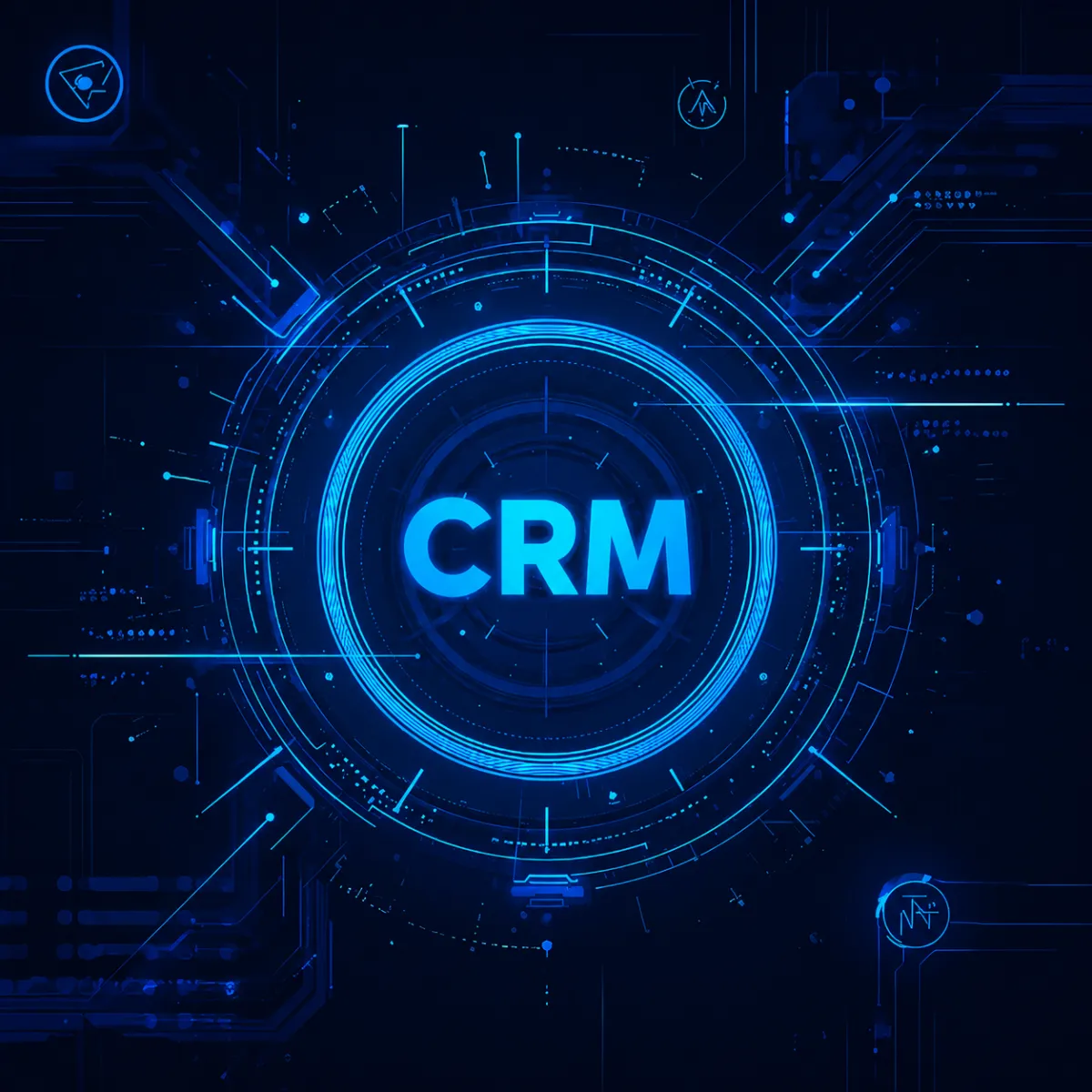 The letters “CRM” illuminated in bright blue at the center of a circular futuristic interface with neon purple accents and digital circuit elements.