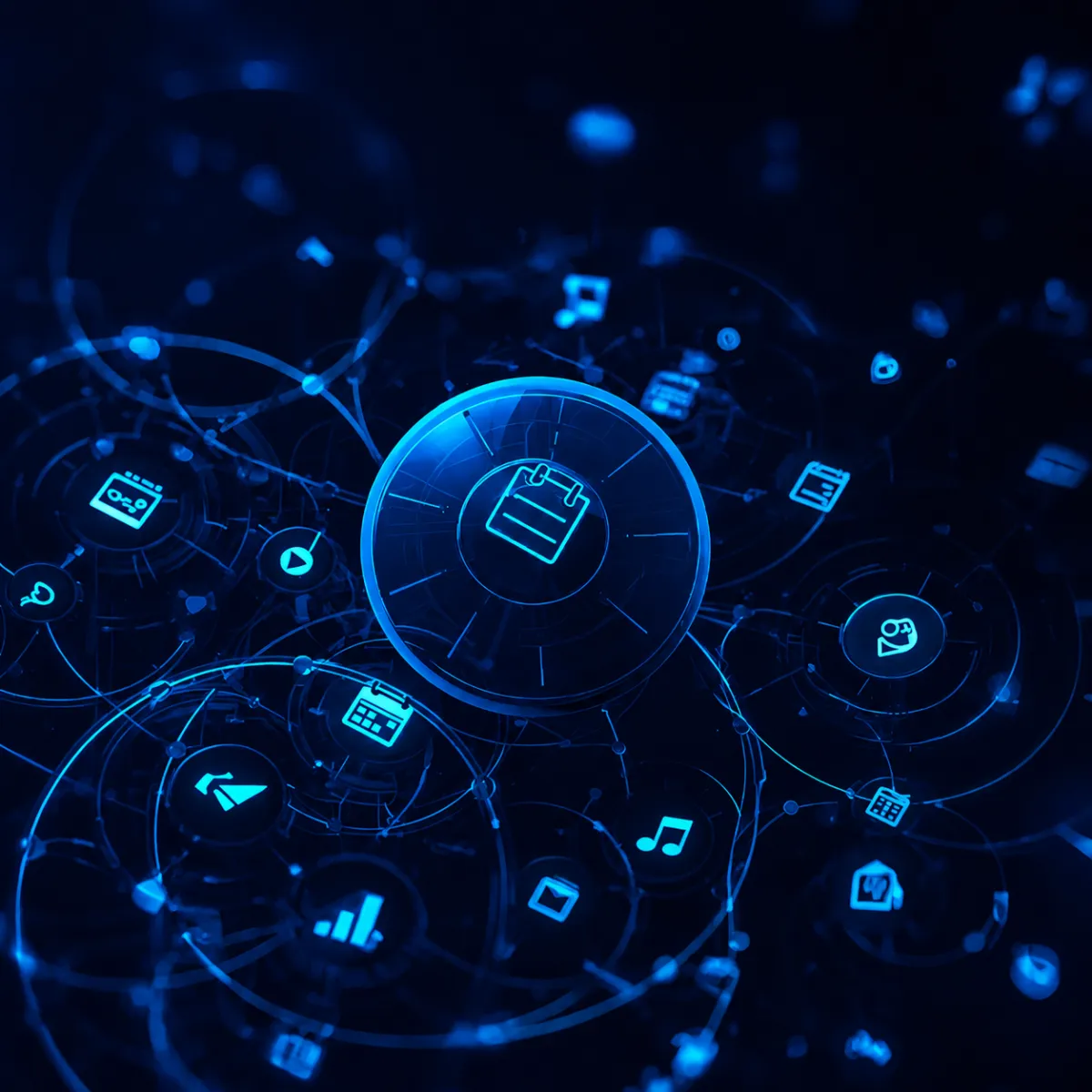 A central glowing purple calendar icon surrounded by a circular network of smaller digital icons, all connected by thin lines on a dark futuristic background.