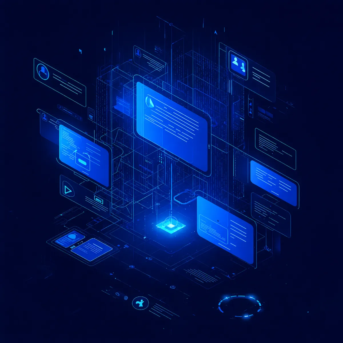A glowing digital interface with multiple neon pink and blue UI panels floating in a 3D grid, all connected to a central light source on a dark futuristic background.