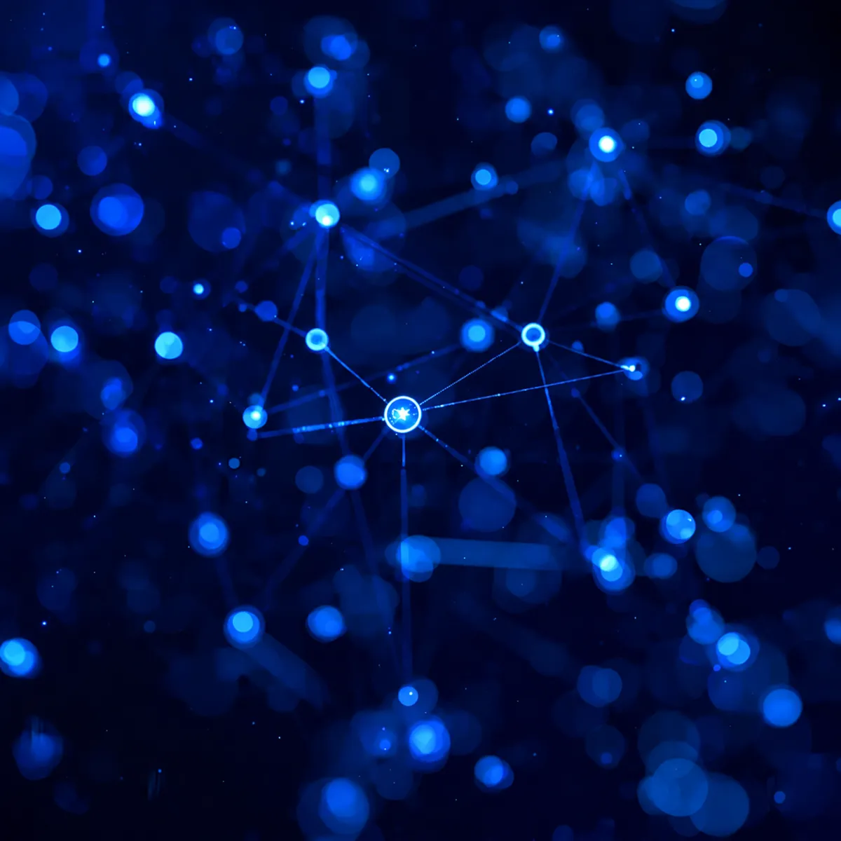A network of interconnected glowing purple nodes and lines set against a dark background with soft bokeh lights, representing digital connections or data flow.