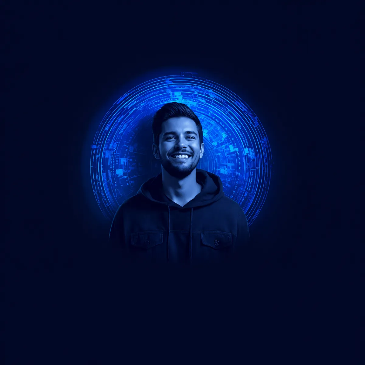 A young man smiling confidently, illuminated in blue and purple light, standing in front of a circular digital interface resembling a glowing tech halo