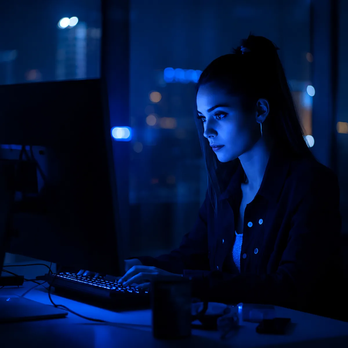 A focused woman sitting at a desk at night, illuminated by purple and blue screen light while typing on a keyboard in a modern office.
