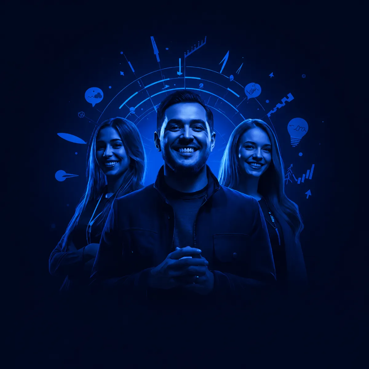 Three smiling young professionals standing together confidently with digital icons and diagrams glowing behind them in purple light.