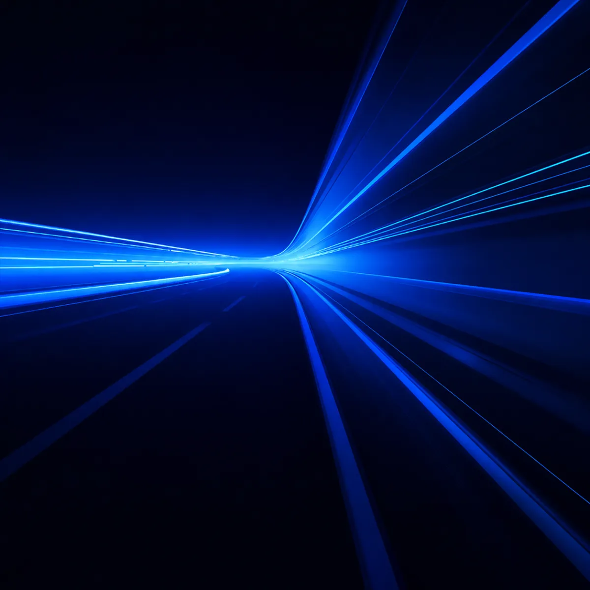 A futuristic scene with glowing purple and blue light trails stretching forward into the distance, creating a sense of speed, motion, and digital acceleration.