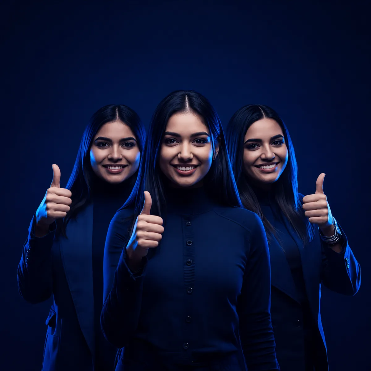 Three women standing side by side, all smiling and giving a thumbs-up gesture, illuminated in purple lighting on a dark background.