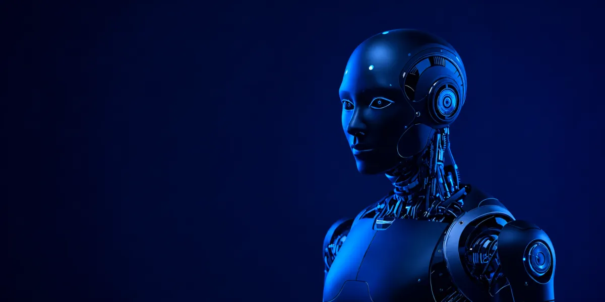 A sleek humanoid robot with illuminated purple and blue accents stands against a dark gradient background, showcasing its futuristic mechanical design.