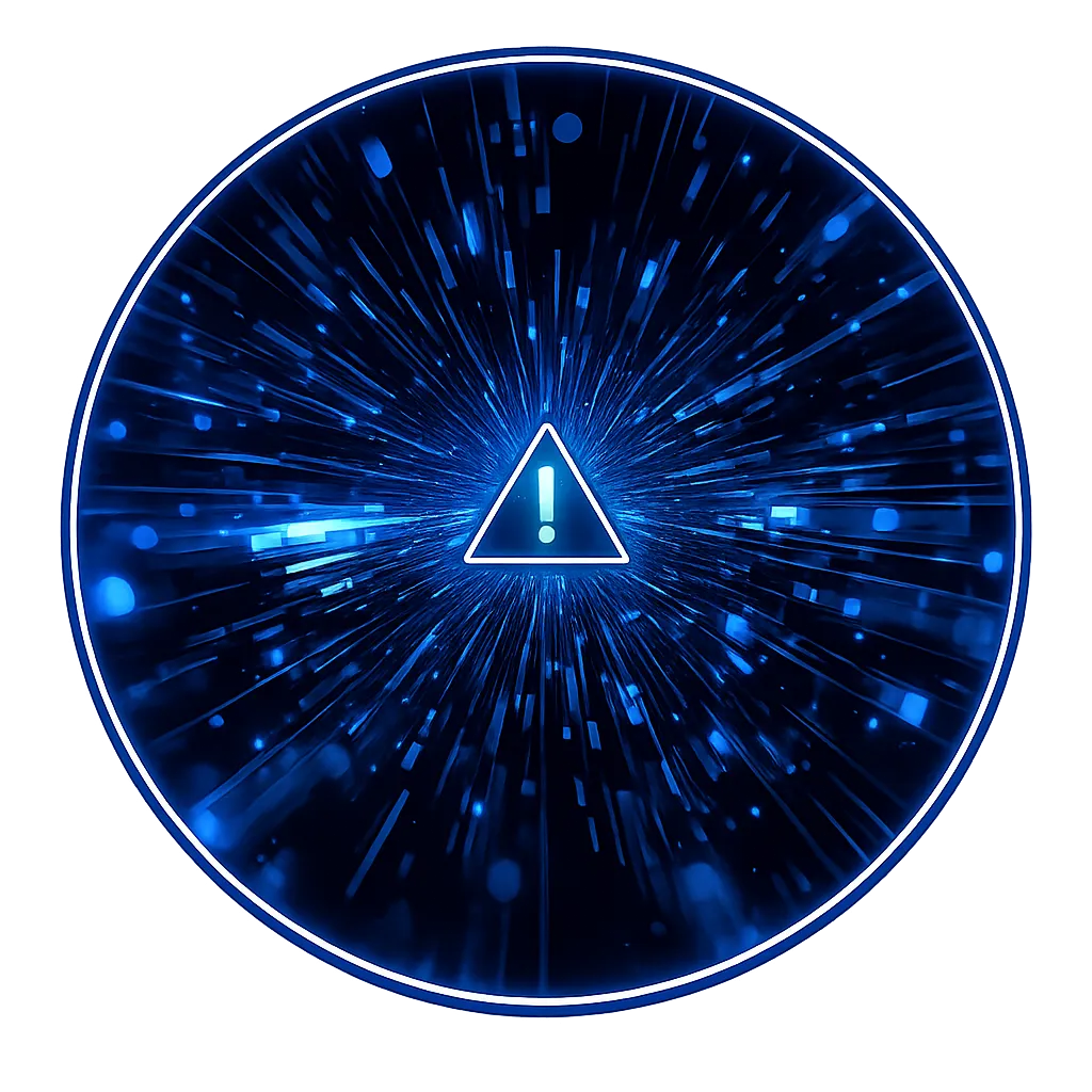 A glowing triangular warning symbol with an exclamation mark at the center radiates outward through vibrant purple and blue digital light streaks.