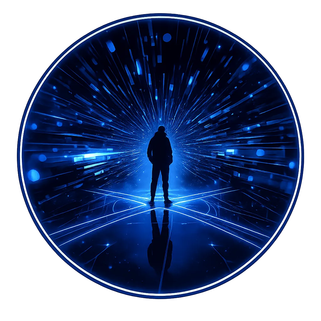 A silhouetted figure stands on a reflective surface surrounded by intersecting beams of purple light, appearing in a dramatic futuristic environment.