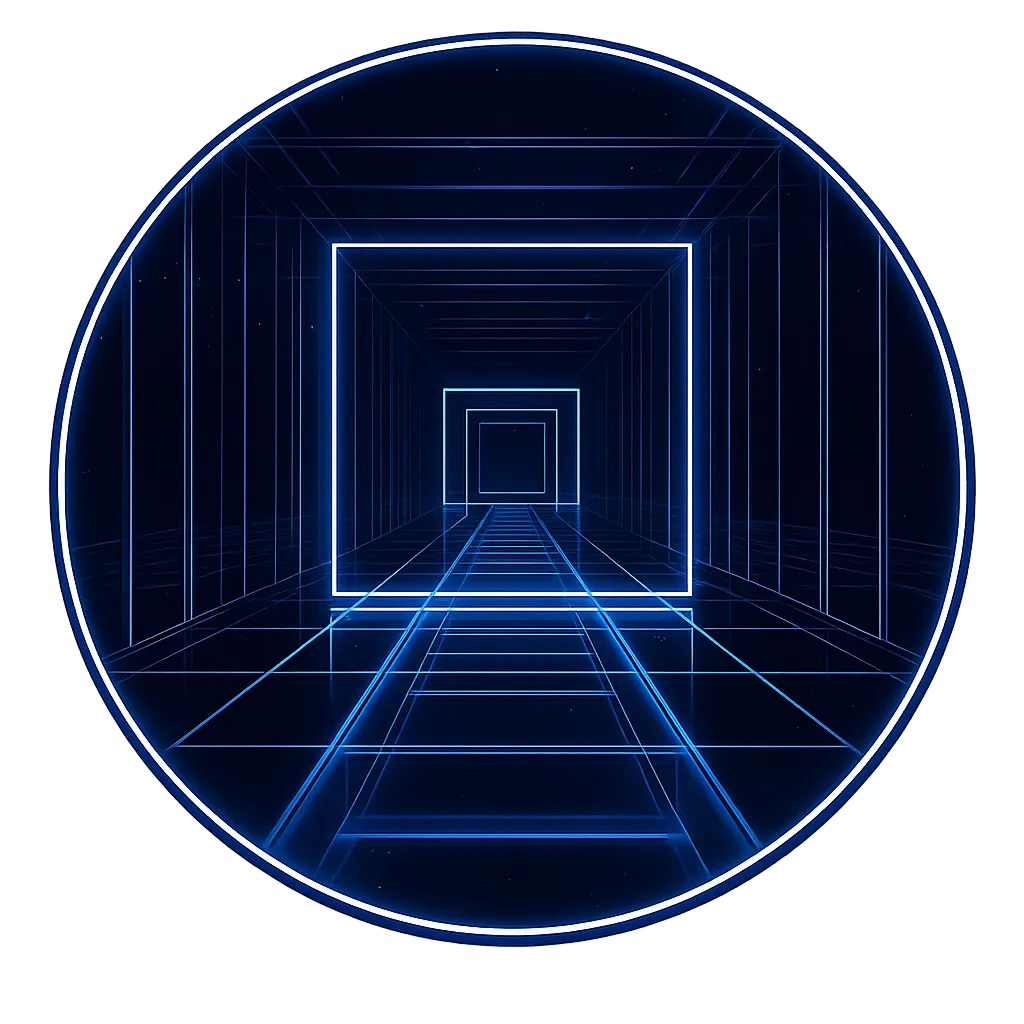 A glowing neon tunnel composed of purple and blue illuminated square frames, creating a sense of depth and perspective.