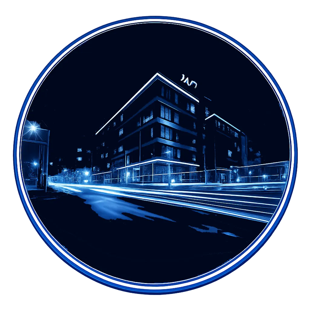 A nighttime cityscape with buildings outlined in purple neon lighting and long-exposure light trails from passing vehicles creating dynamic streaks across the street.