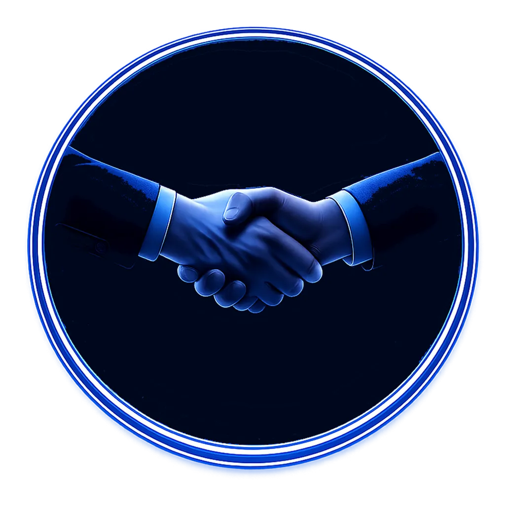 A close-up of two hands shaking, illuminated with purple lighting, symbolizing partnership or agreement in a futuristic style.