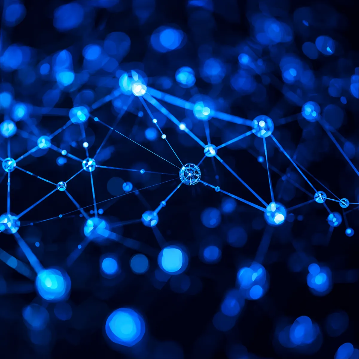Abstract digital network made of glowing blue and purple nodes connected by thin lines, creating a web-like structure against a dark blurred background.