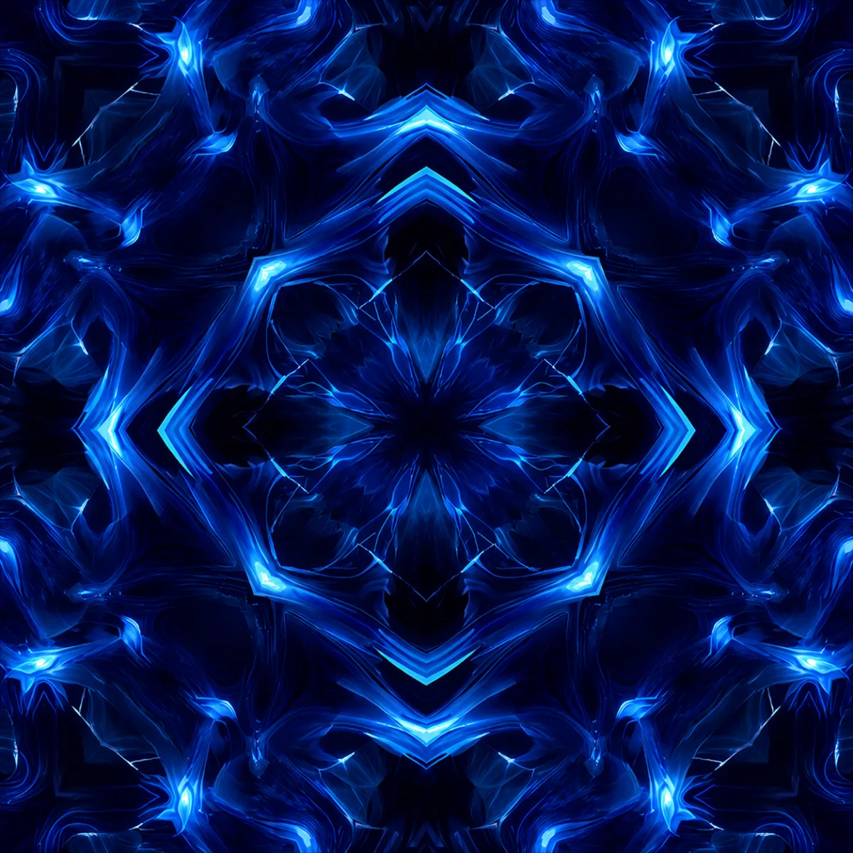 A symmetrical, kaleidoscope-style abstract pattern featuring sharp geometric shapes and swirling neon purple and blue light effects.