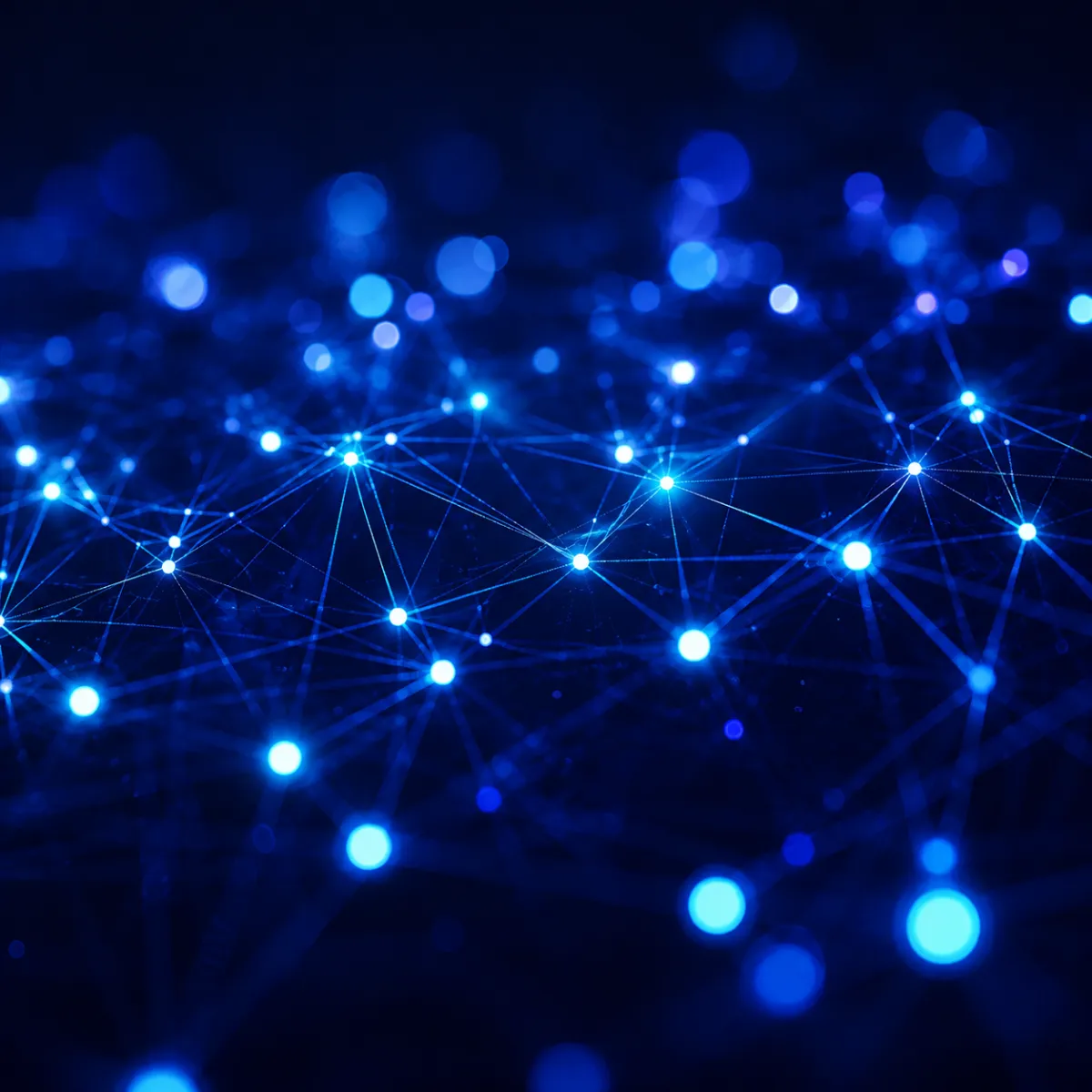 A dense network of glowing purple and blue nodes connected by thin lines, forming a digital web-like pattern on a dark background.